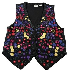 Vintage 90s Black Cottagecore Floral Embroidered Knit Grandma Sweater Vest Small